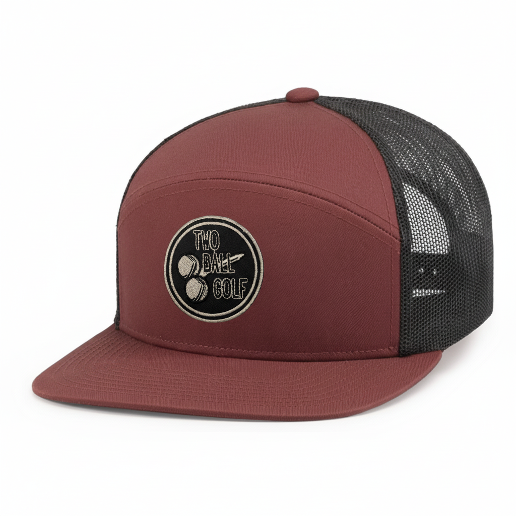 OG 2 Ball Golf Blackout Circle Logo on Brick Red 7 Panel Hat