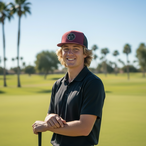 OG 2 Ball Golf Blackout Circle Logo on Brick Red 7 Panel Hat