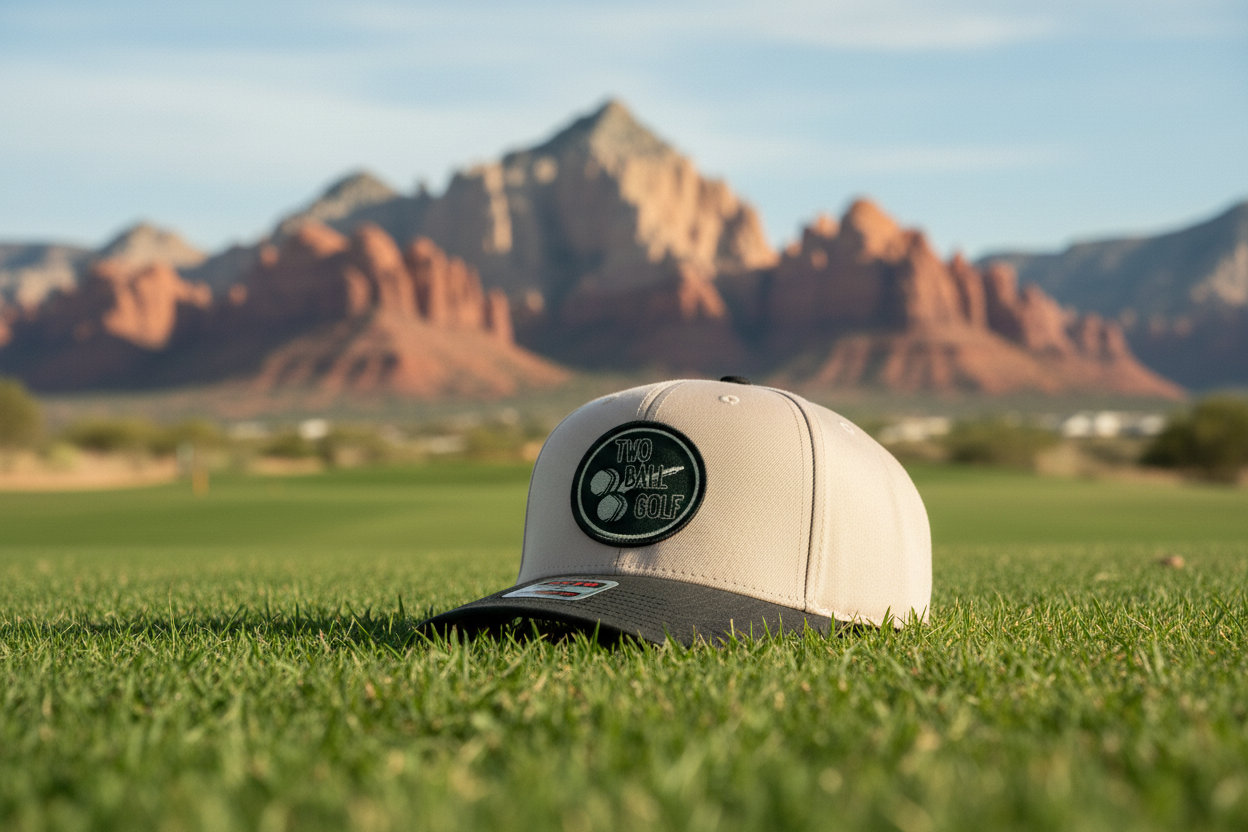 Tan and Black Two Ball Golf Hat on Grass - Southern Utah Mountains iPhone Style