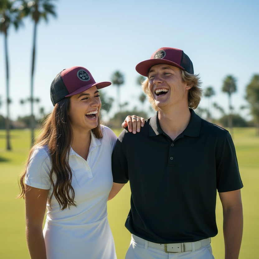 OG 2 Ball Golf Blackout Circle Logo on Brick Red 7 Panel Hat